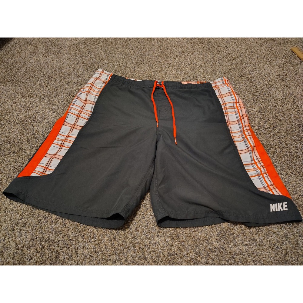 Nike Mens Board Shorts XL Grey Orange Plaid Swim Trunks Mesh Lined Drawstring